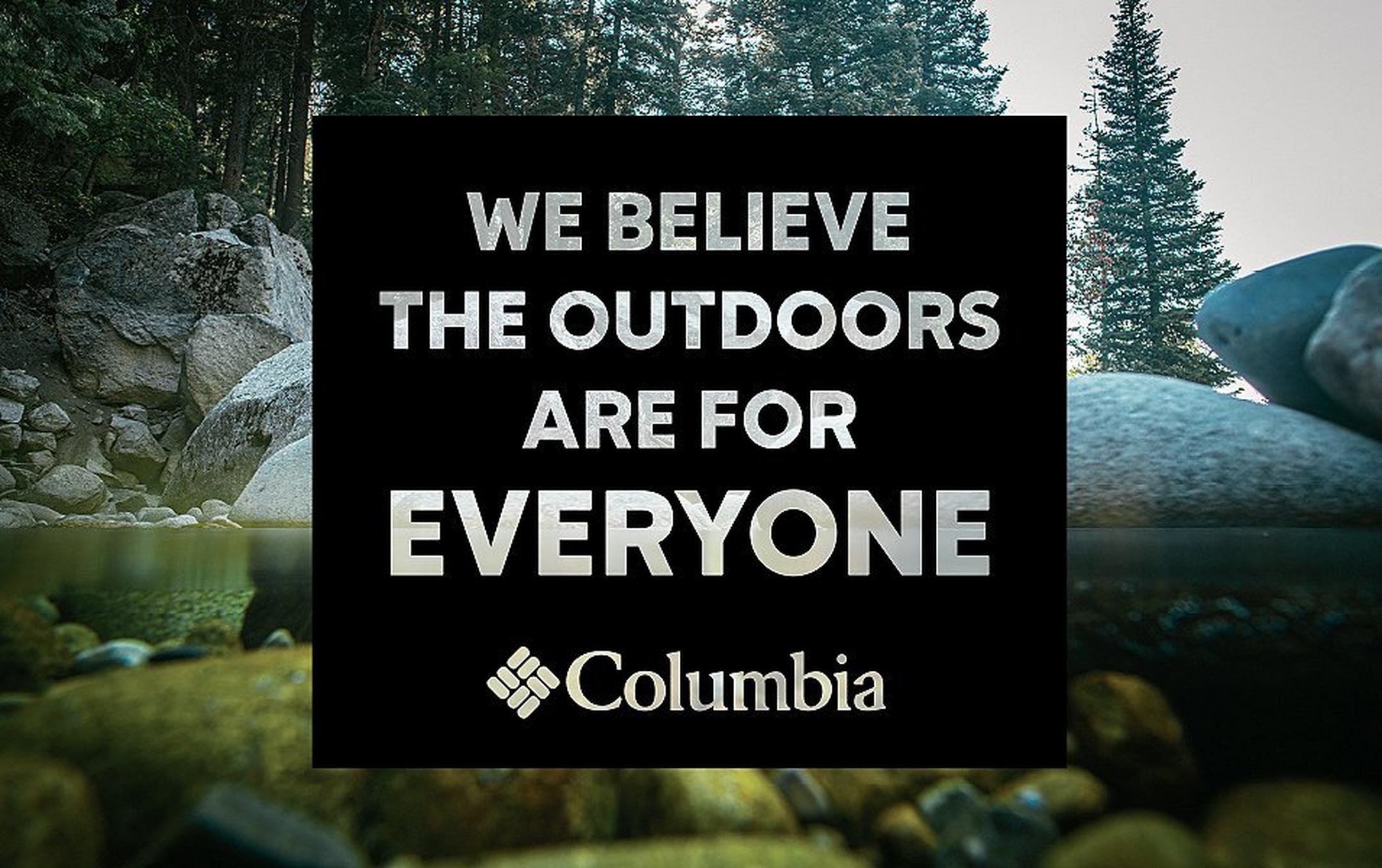 Underwater image of a river with a "We believe the outdoors are for everyone Columbia" text overlay.