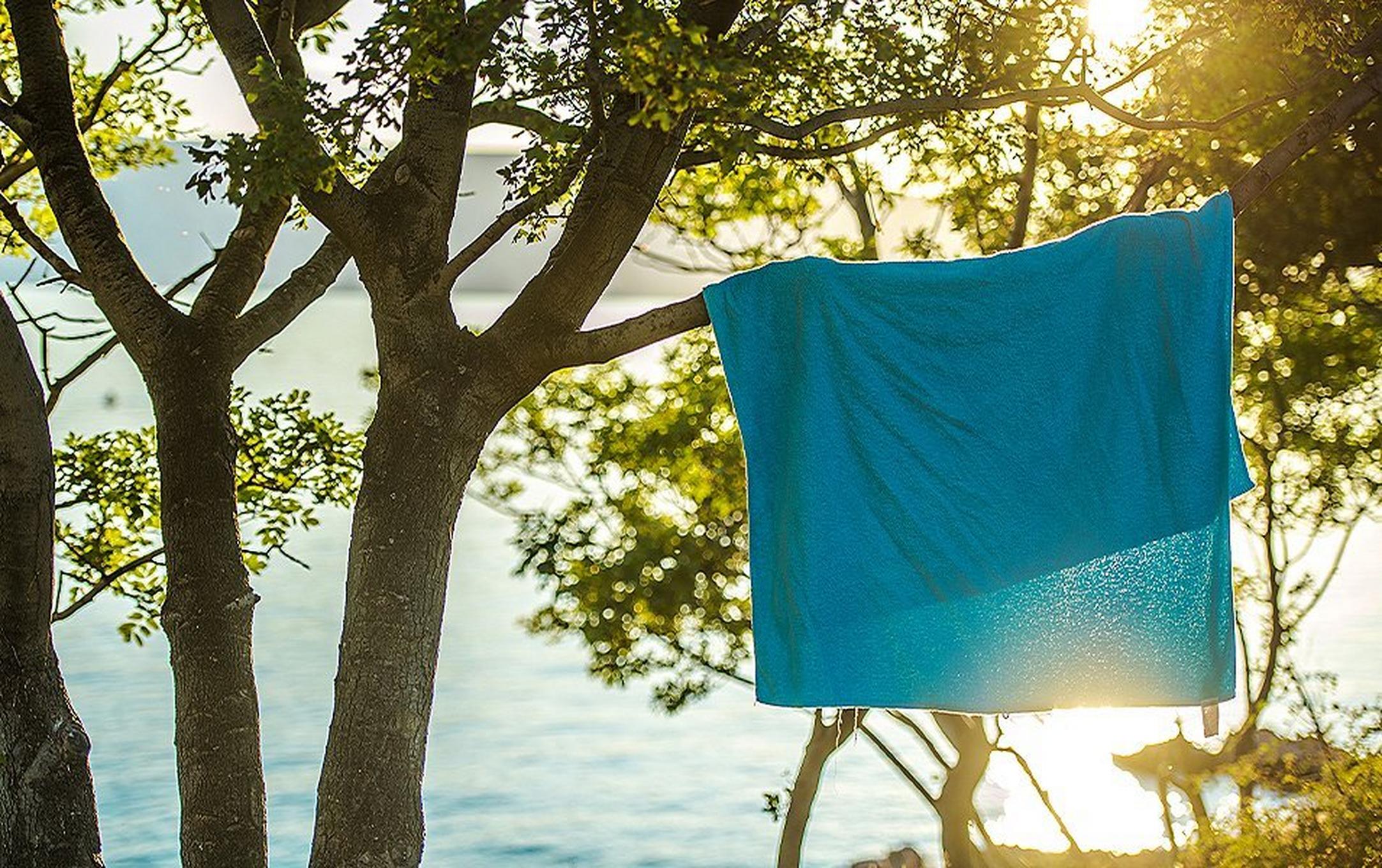 A blue camping towel hangs in the sunlight from a tree with a scenic lake in the background.