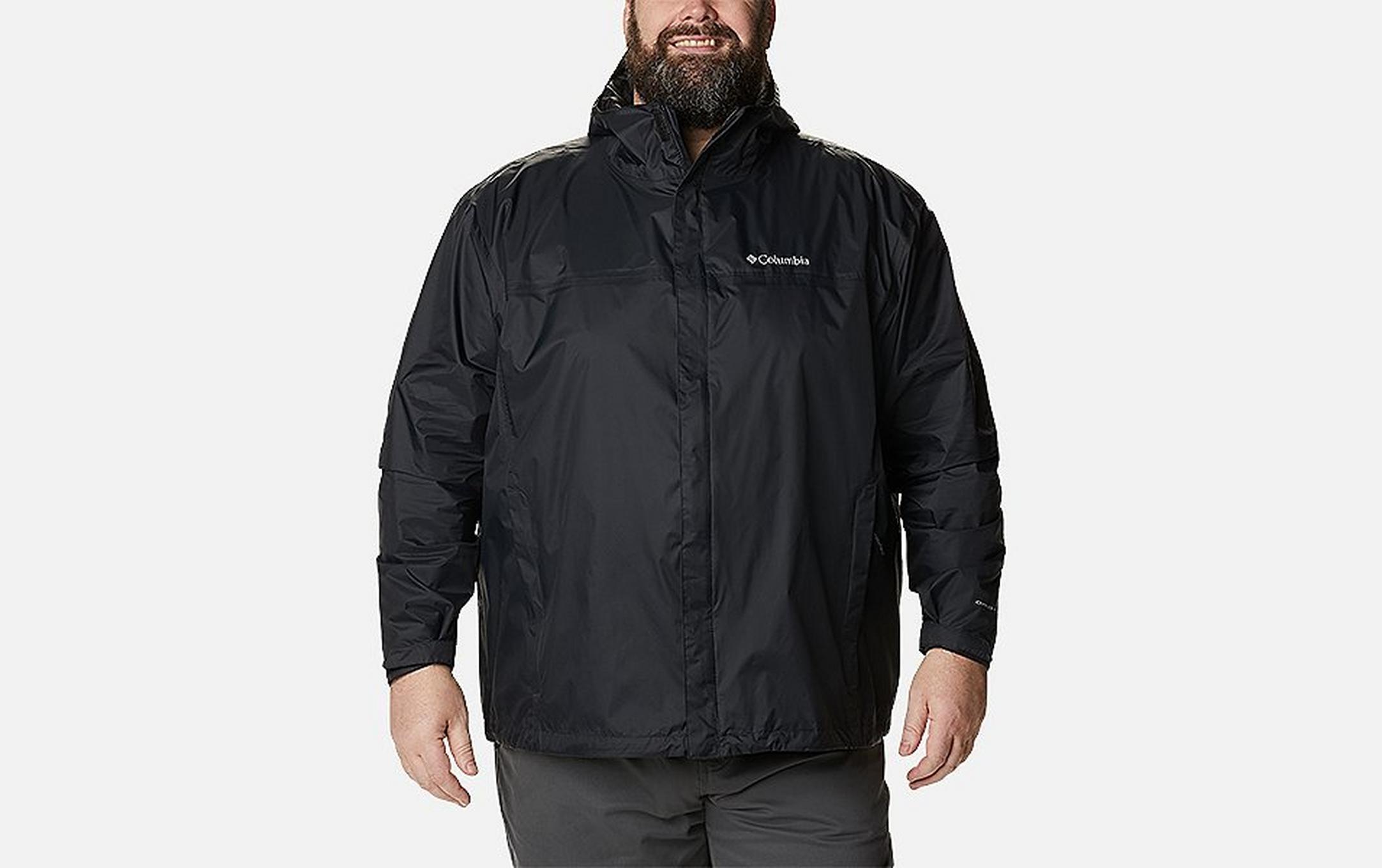 A product shot of a man wearing a black Columbia Sportswear rain jacket  set against a white background.
