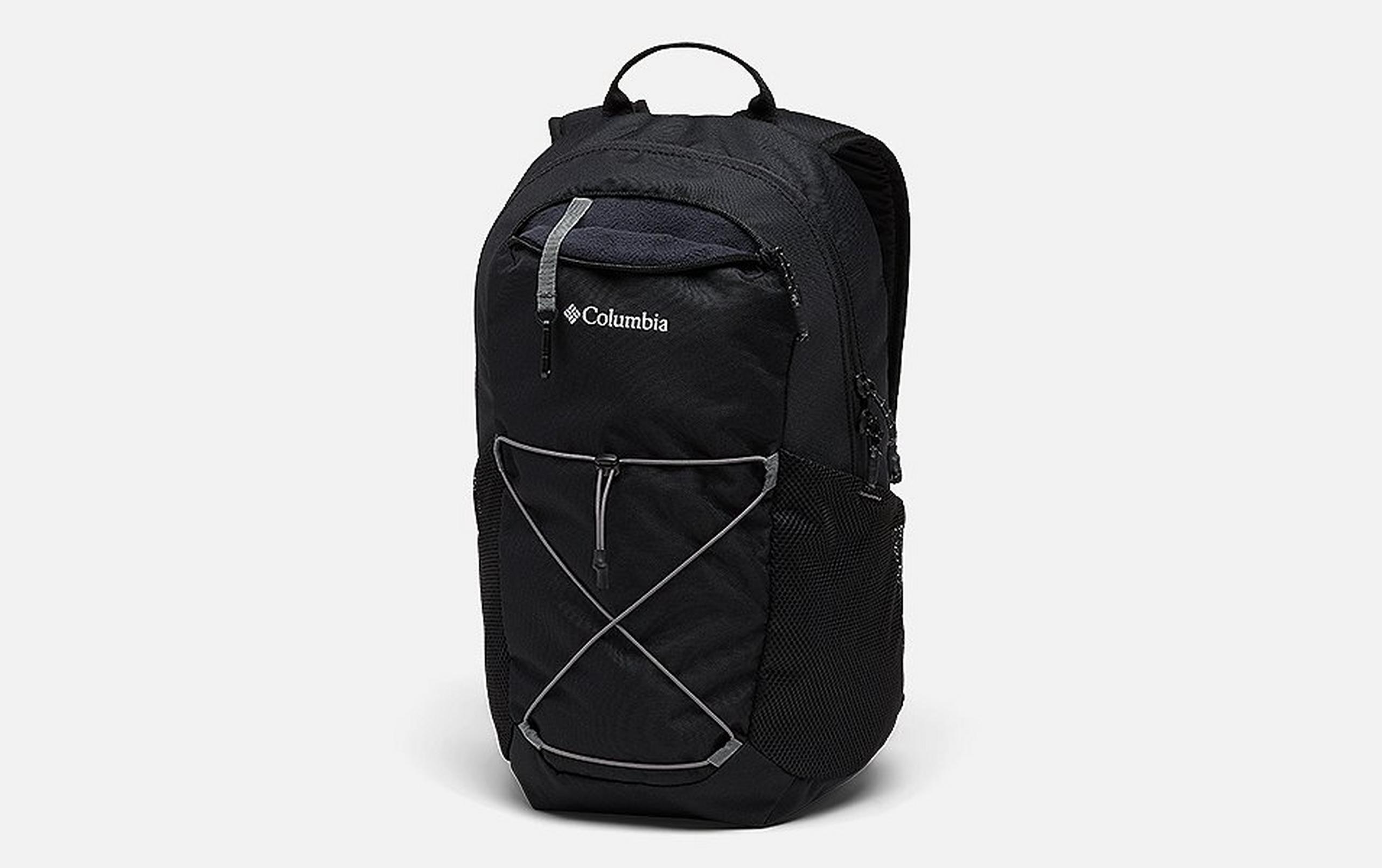 A product shot of a black Columbia Sportswear hiking backpack set against a white background.