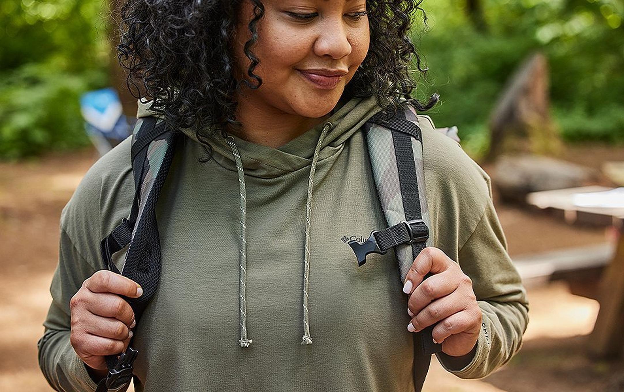 Closeup of woman in a campground.