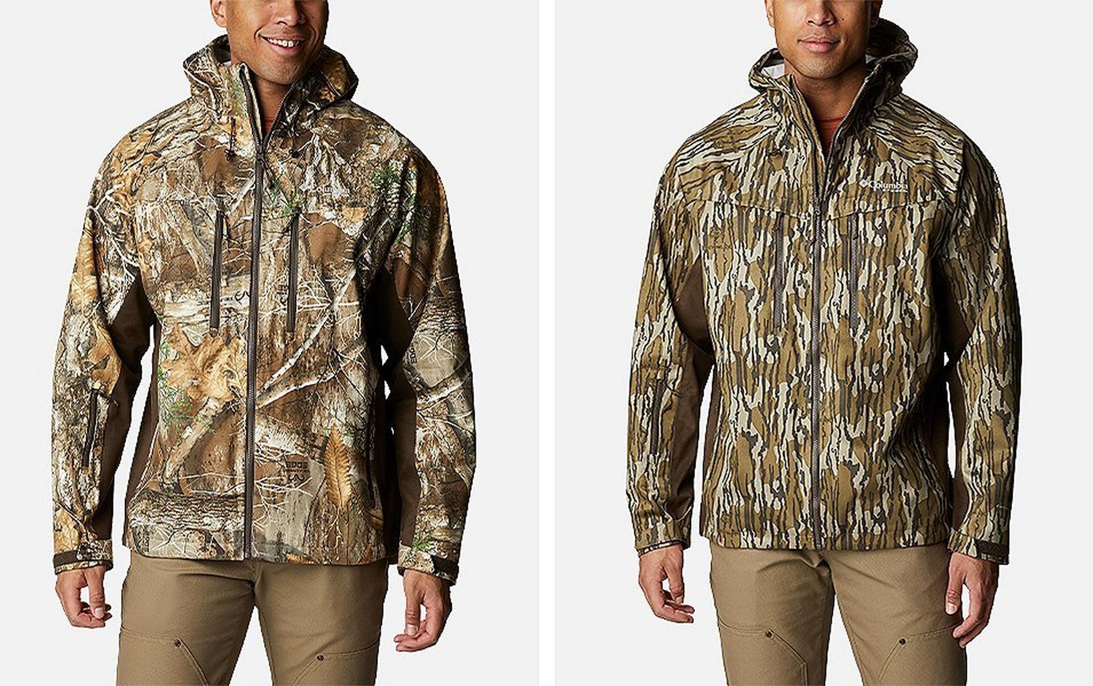 A side-by-side image of Columbia Sportswear’s jackets with the Realtree Jacket on the left and the Mossy Oak Jacket on the right.