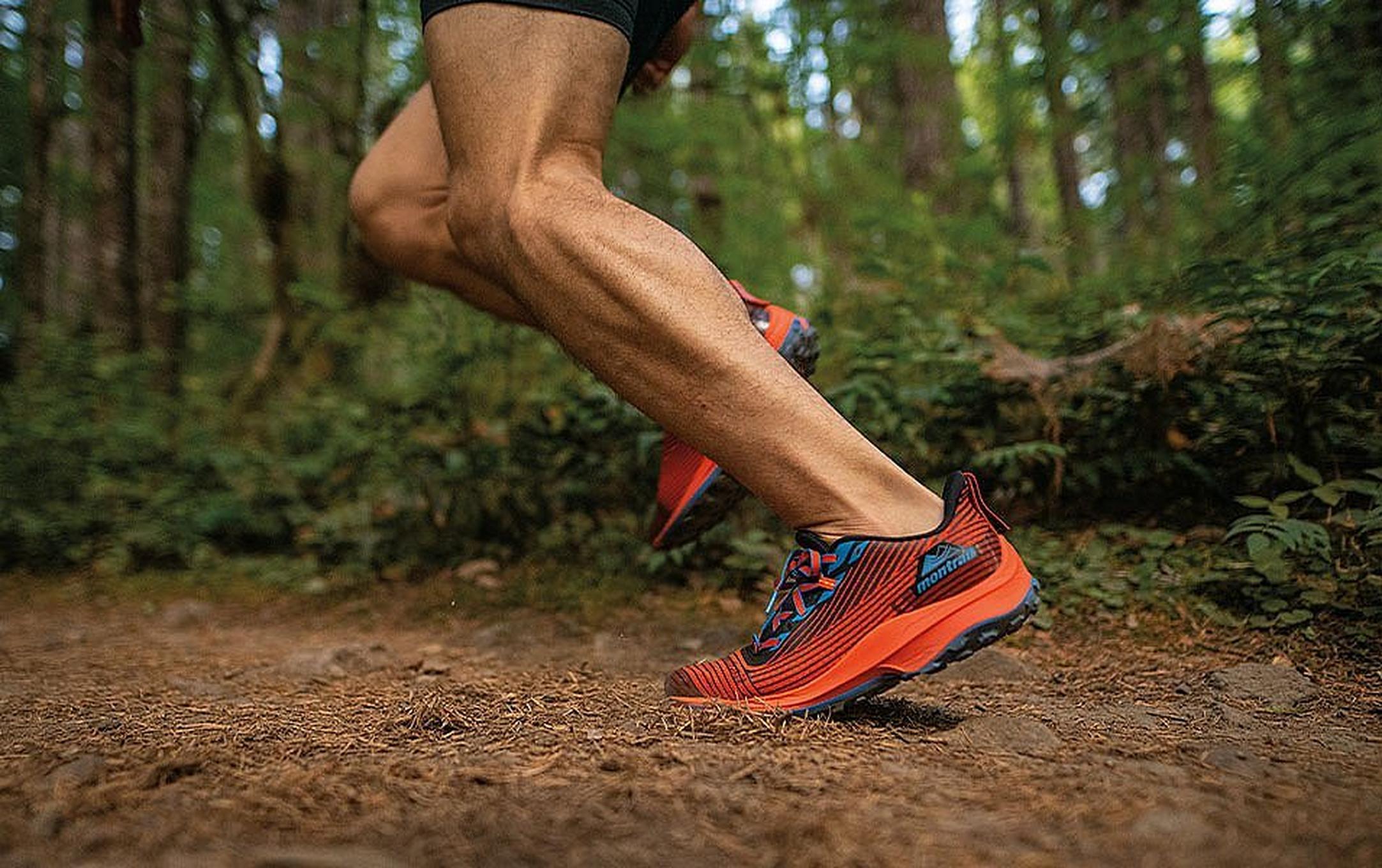 Closeup of a man's lower legs and trail running shoes.