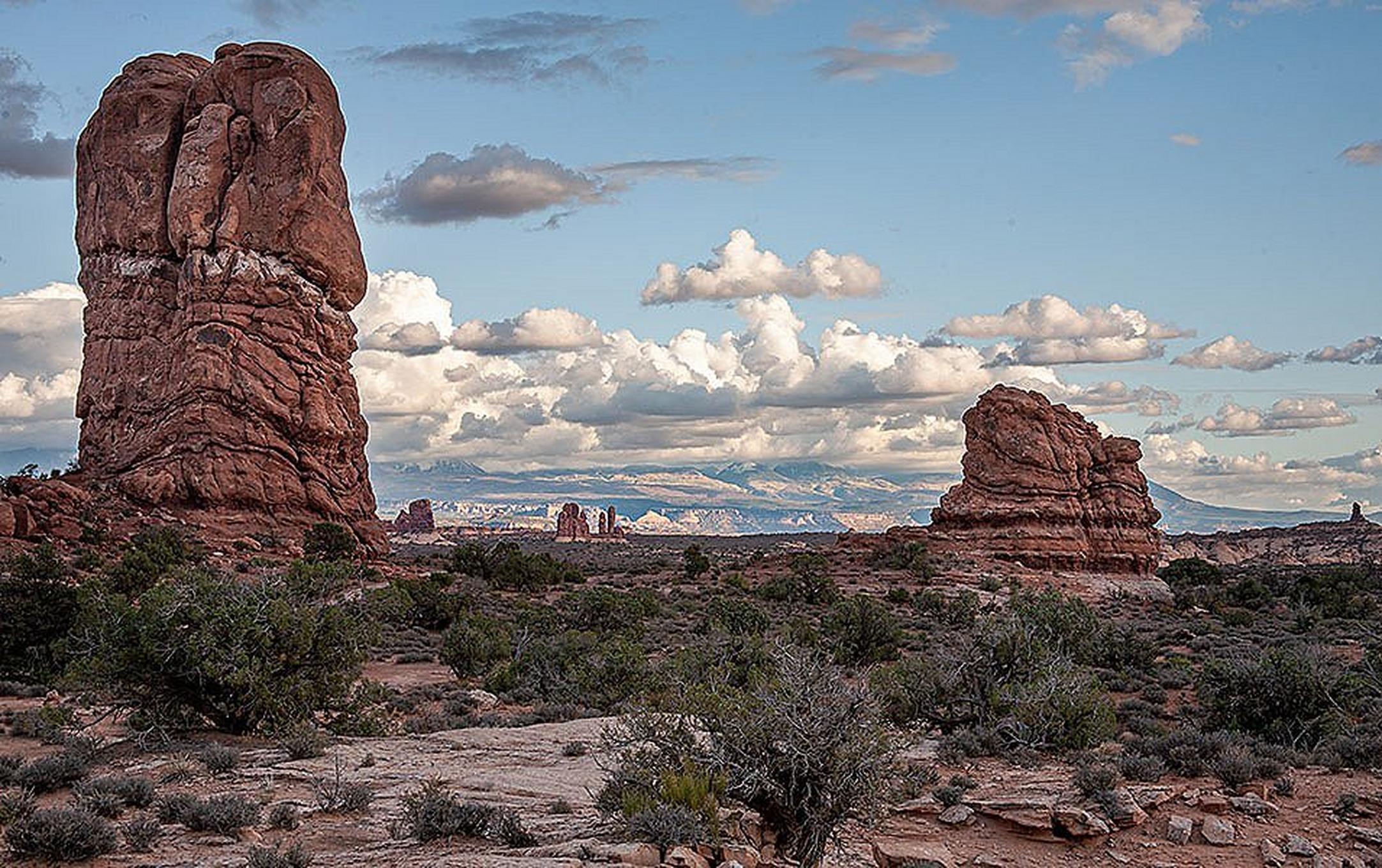 Giant rocks jut into the sky at Arches National Park in Moab, Utah.