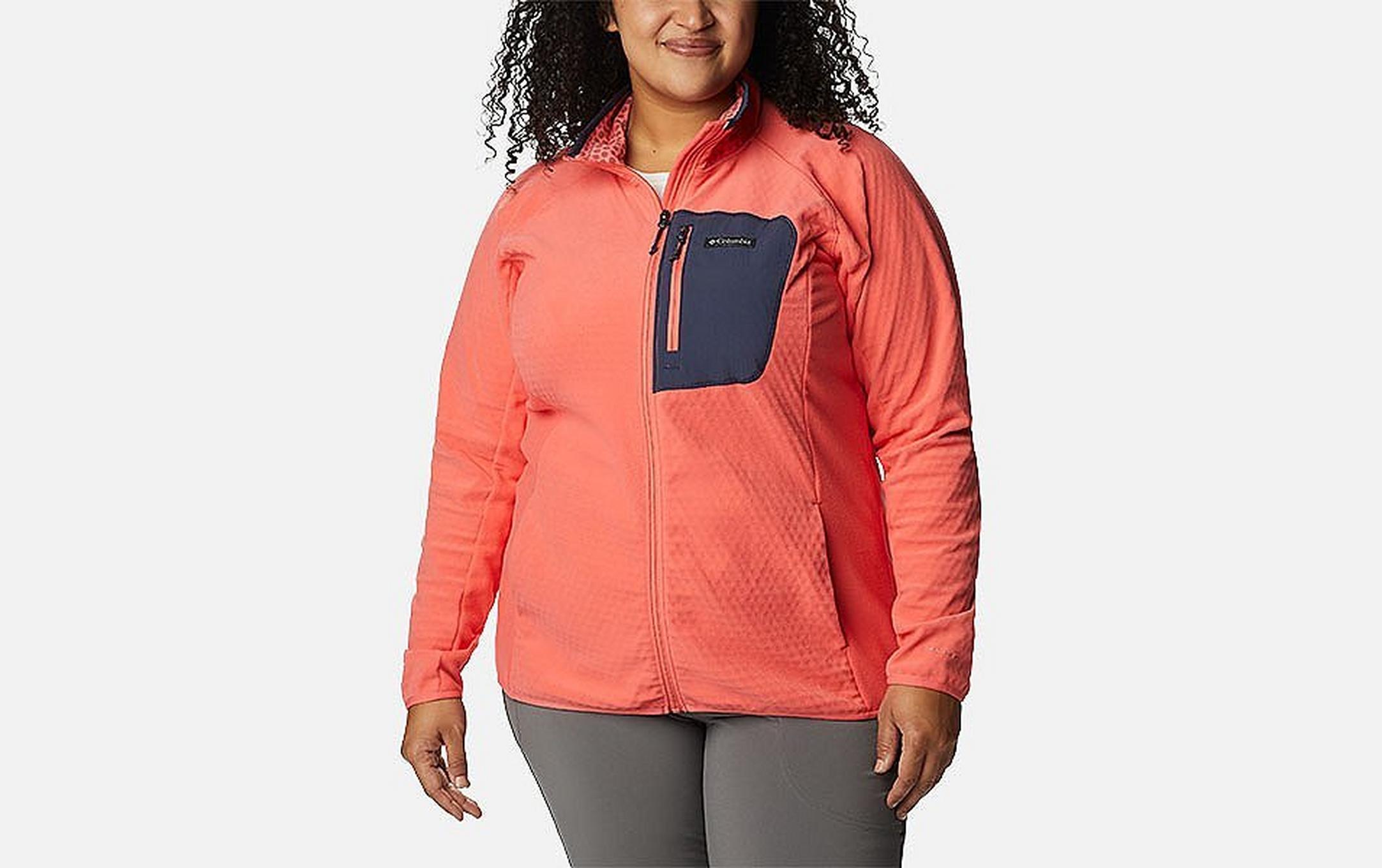 A product image of a woman wearing Columbia Sportswear’s Outdoor Tracks Full Zip Fleece Jacket against a white background.