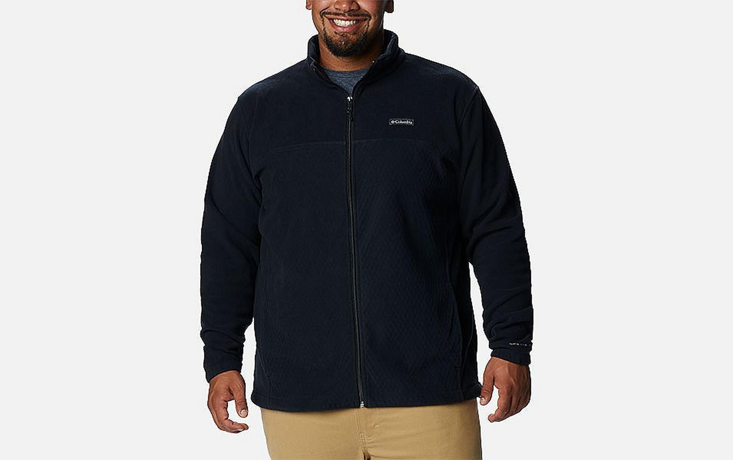 A product image of a man wearing Columbia Sportswear’s Overlook Trail Full Zip Jacket against a white background.