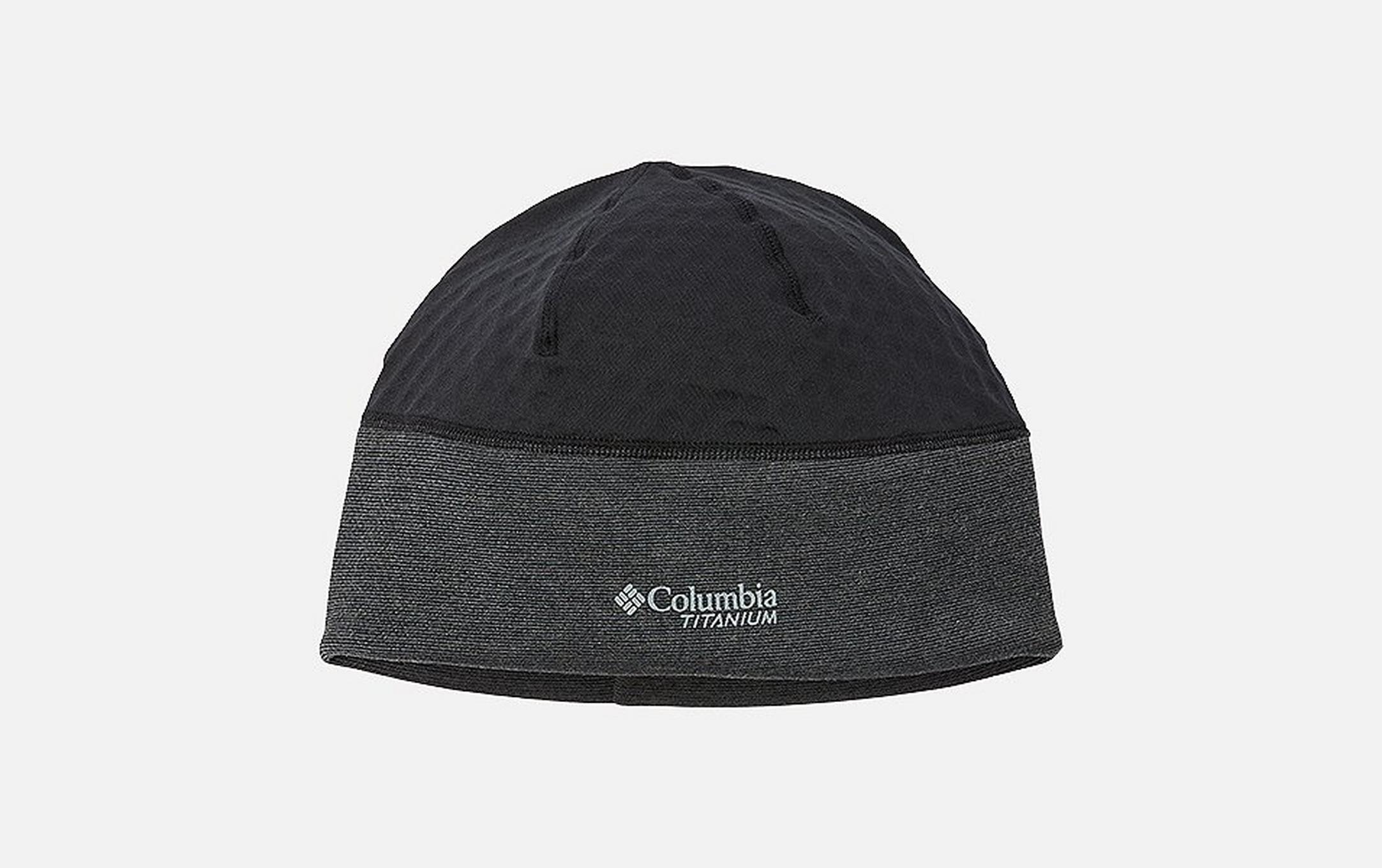 A product image of a man wearing Columbia Sportswear’s Sweat-Wicking Beanie against a white background.