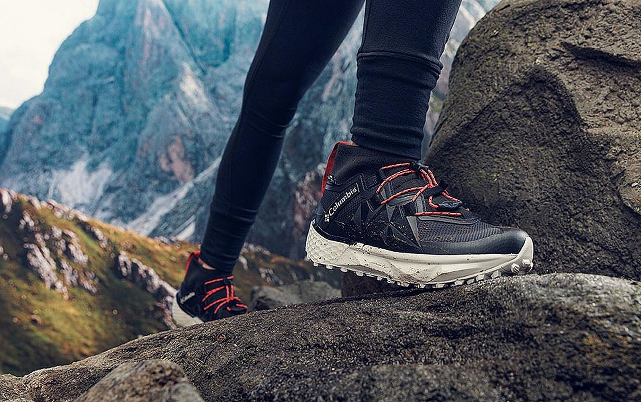 Facet 75 Alpha shoe through a beautiful mountainous landscape.
