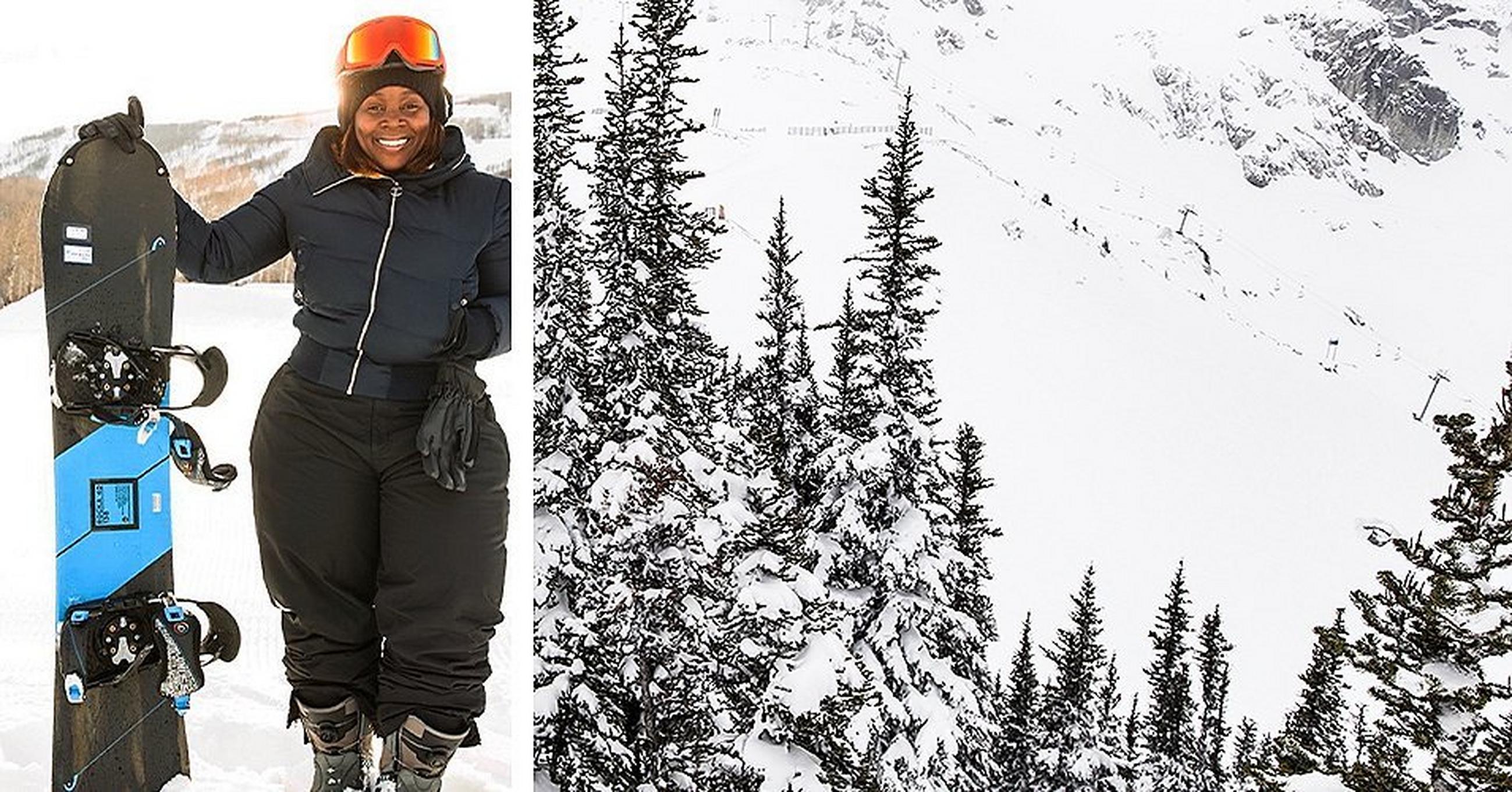 Sharifa Murdock with snow boarding gear in a winter scene.  On the right a mountain ski run.