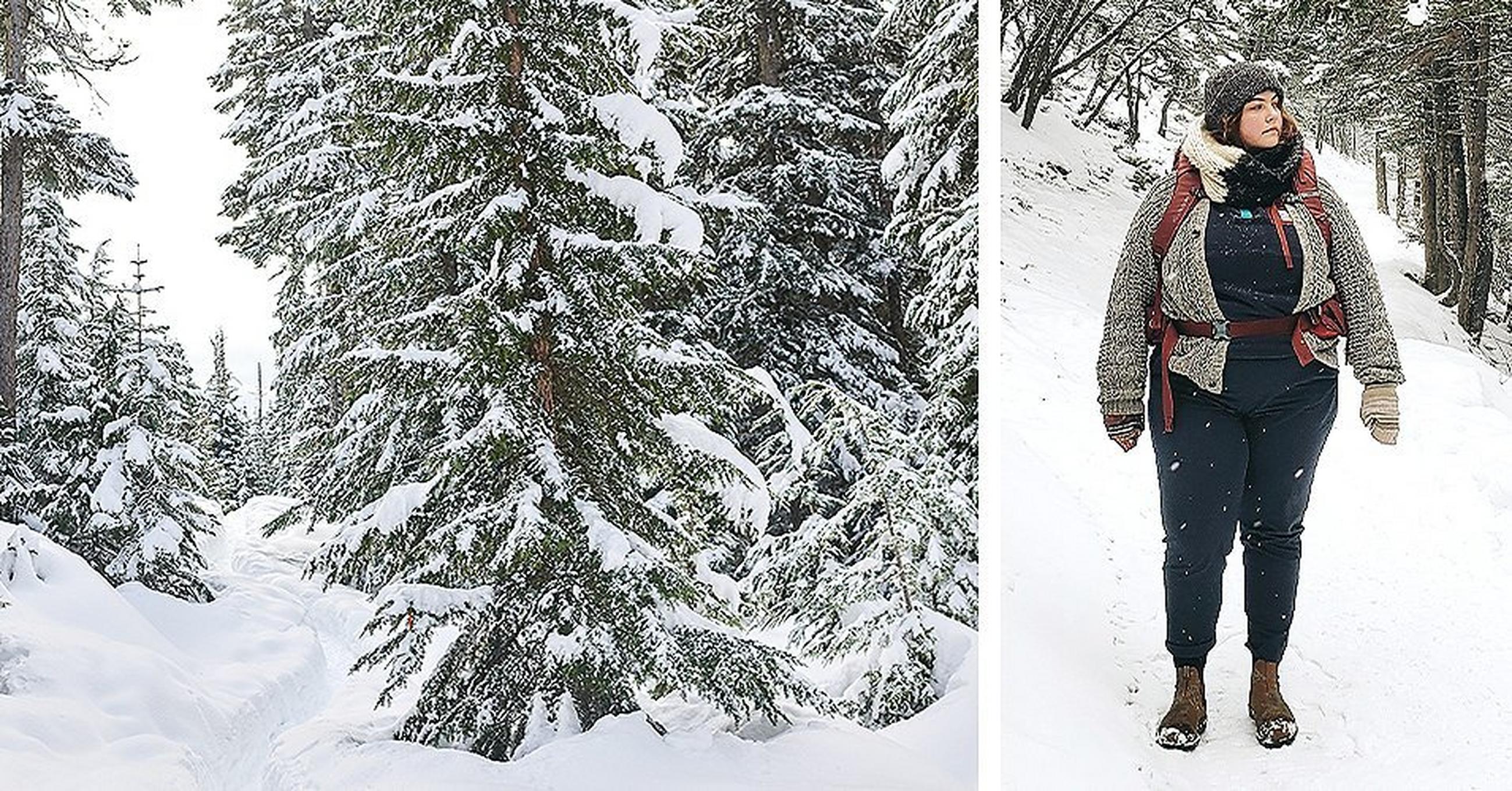 A snowy trail in Banff National Park. On the right Marielle Terhart on a trail at Banff National Park.