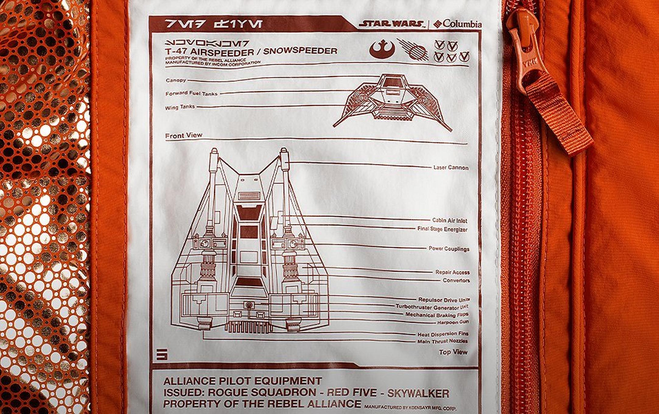 Close-up of a vehicle schematic inside a Skywalker Pilot lightweight jacket.