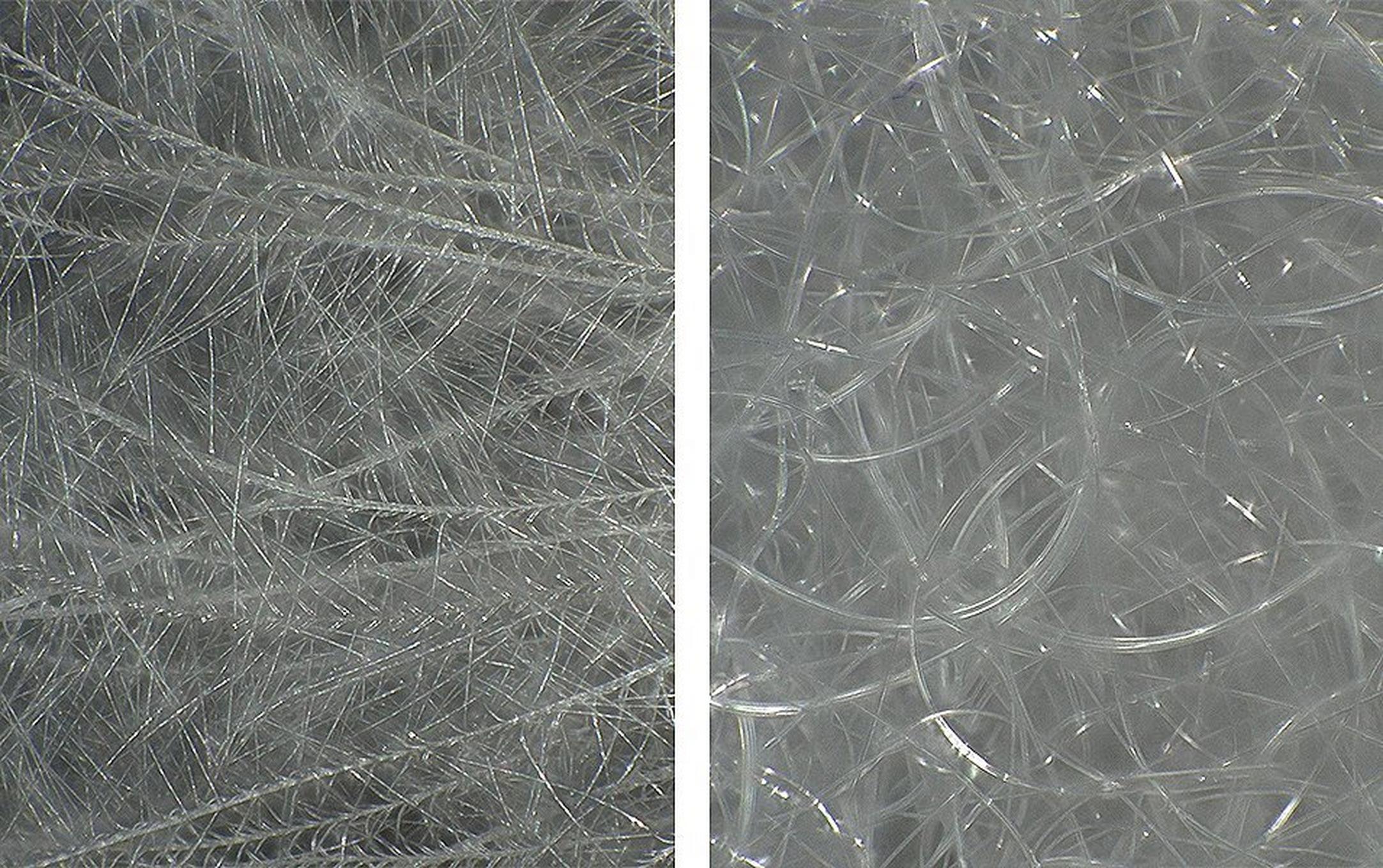 A pair of side-by-side images with gray backgrounds showing a close-up of synthetic insulation one one side and natural down on the other.