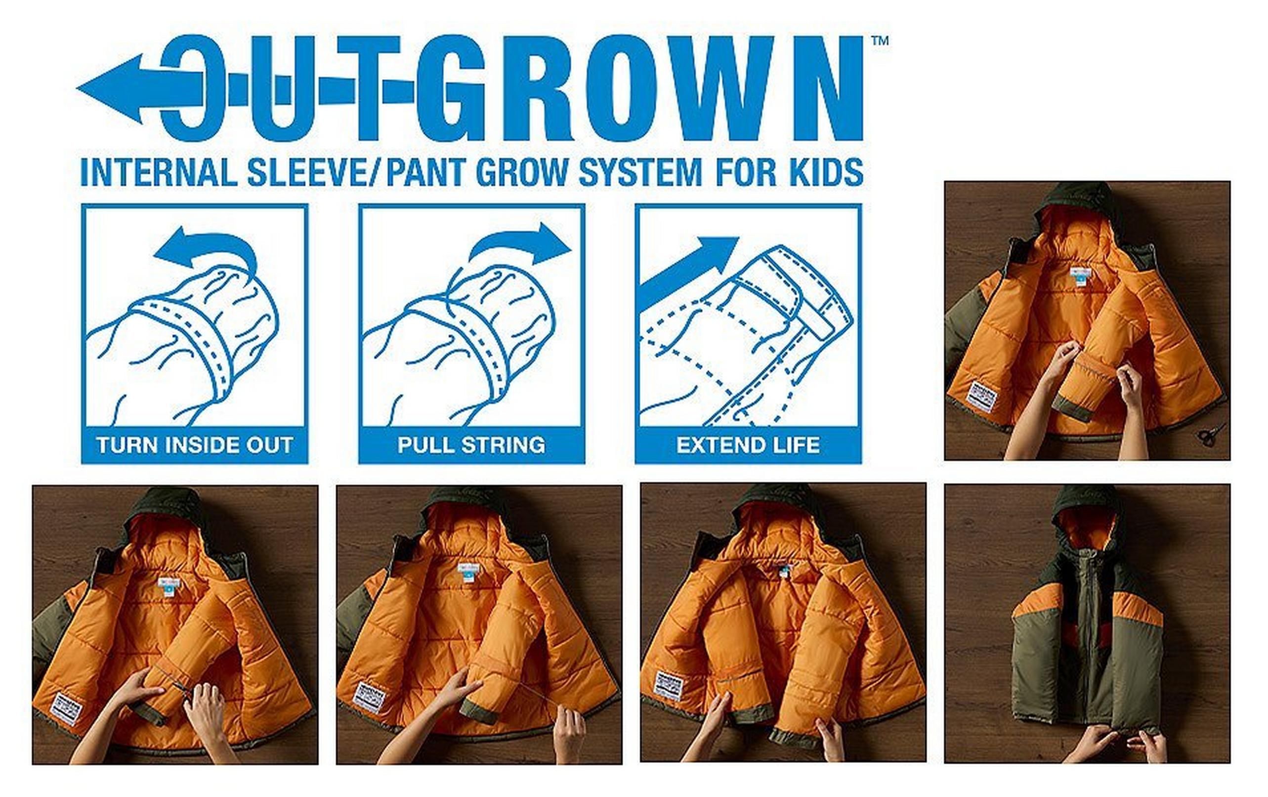 A graphic provides step-by-step instructions illustrating the ease of using Outgrown technology, including turning the garment inside out and pulling a string to extend the life of the jacket or pants.