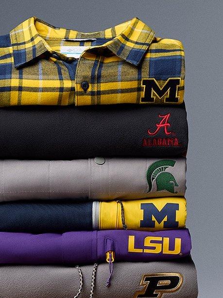 Stack of college branded shirts