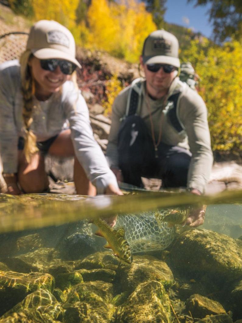 Two people release fish back into the water