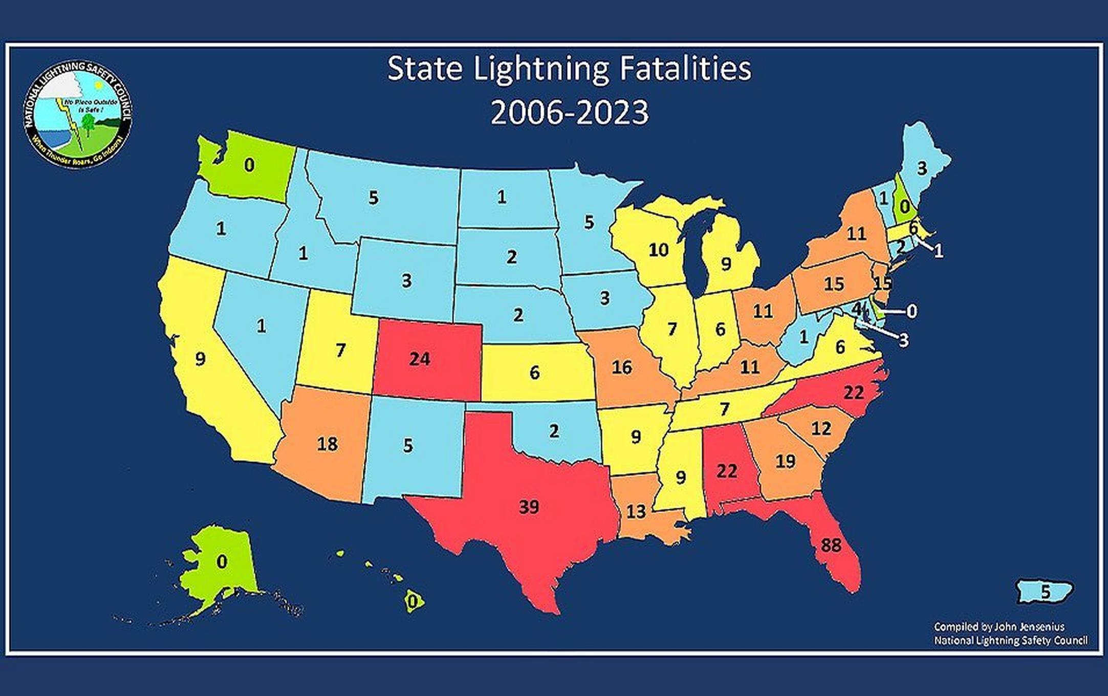 This map of the US shows each state (including Hawaii) and the number of lightning fatalities for the years 2006 and 2023. Florida has the most fatalities.