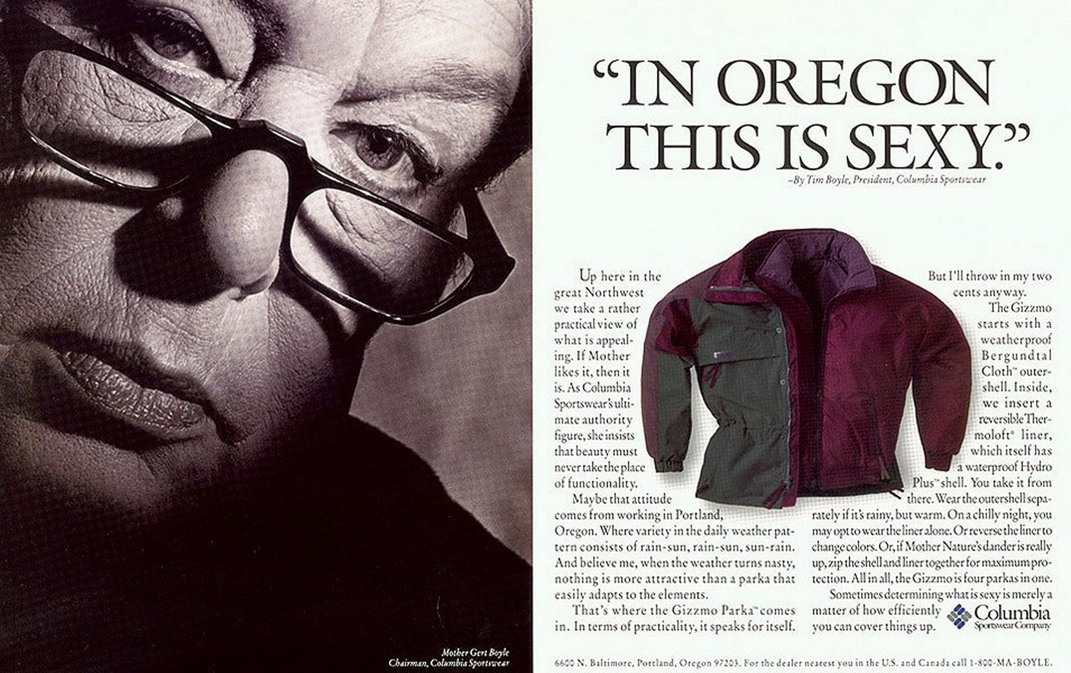 A classic, historic Columbia Sportswear Interchange ad featuring Gert Boyle, aka "One Tough Mother," and Tim Boyle with a headline stating "In Oregon This Is  Sexy." The headline refers to a 3-in-1 Columbia Jacket.