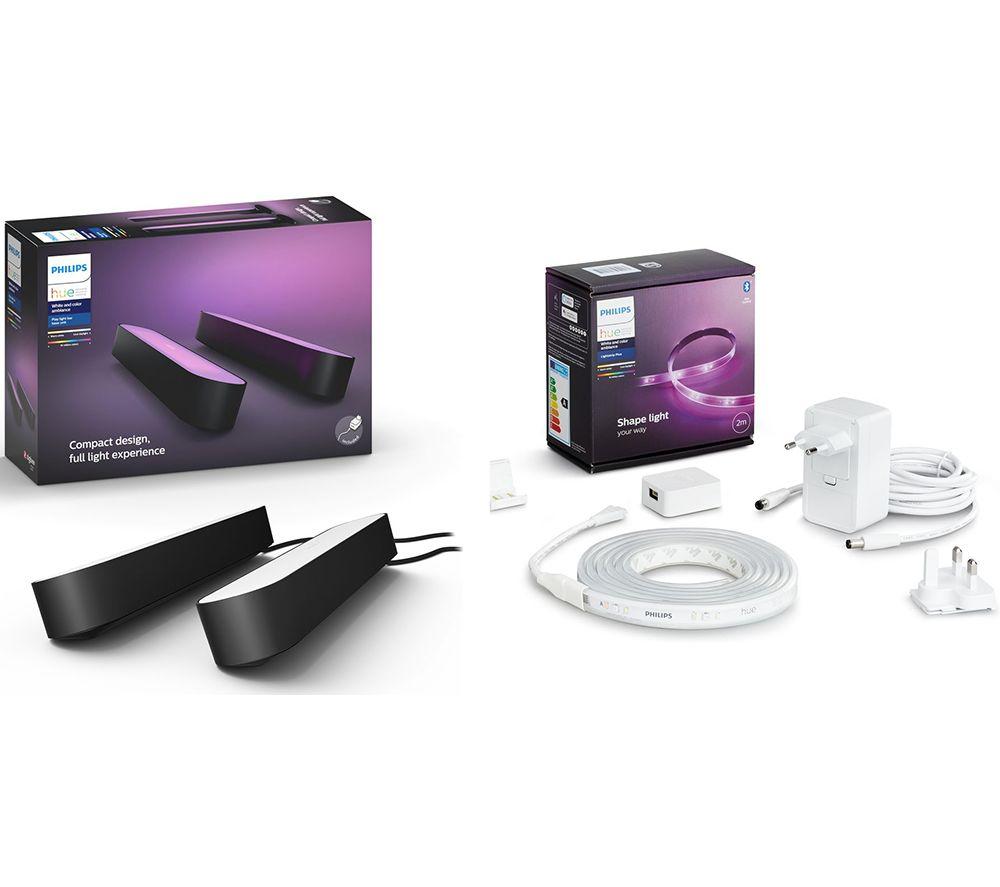 Philips Hue Play Light Bar Twin Pack (Black) & White and Colour Smart LED Lightstrip Plus (2 m) Bund