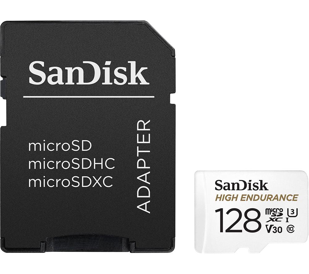 SanDisk 128GB High Endurance microSDXC card for IP cams & dash cams + SD adapter up to 10,000 Hours Full HD / 4K videos up to 100 MB/s UHS-I Class 10 U3 V30