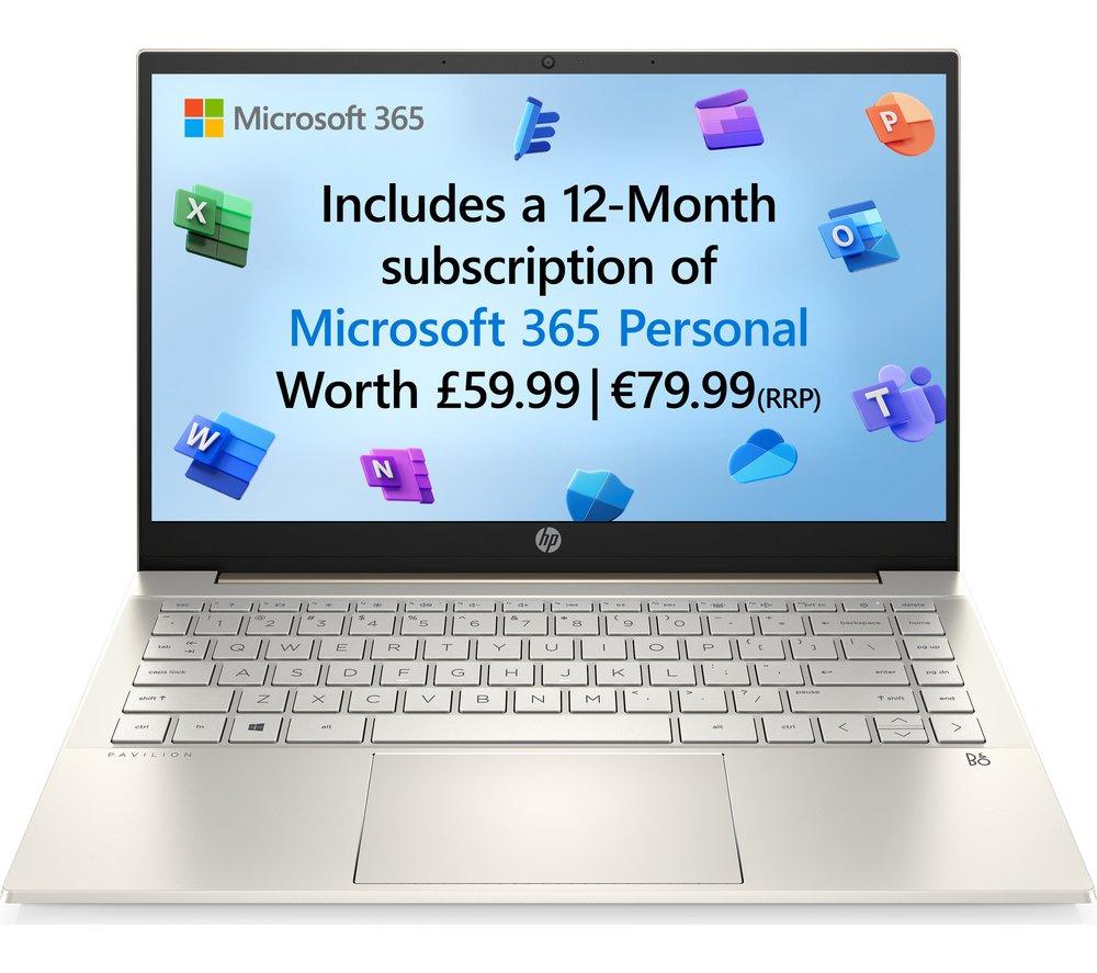 £299, HP Pavilion 14-dv0609sa 14inch Laptop - Intel® Pentium® Gold, 128 GB SSD, Gold, Free Upgrade to Windows 11, Intel® Pentium® Gold 7505 Processor, RAM: 4 GB / Storage: 128 GB SSD, Full HD touchscreen, Battery life: Up to 9 hours, 1 year subscription to Microsoft 365, 