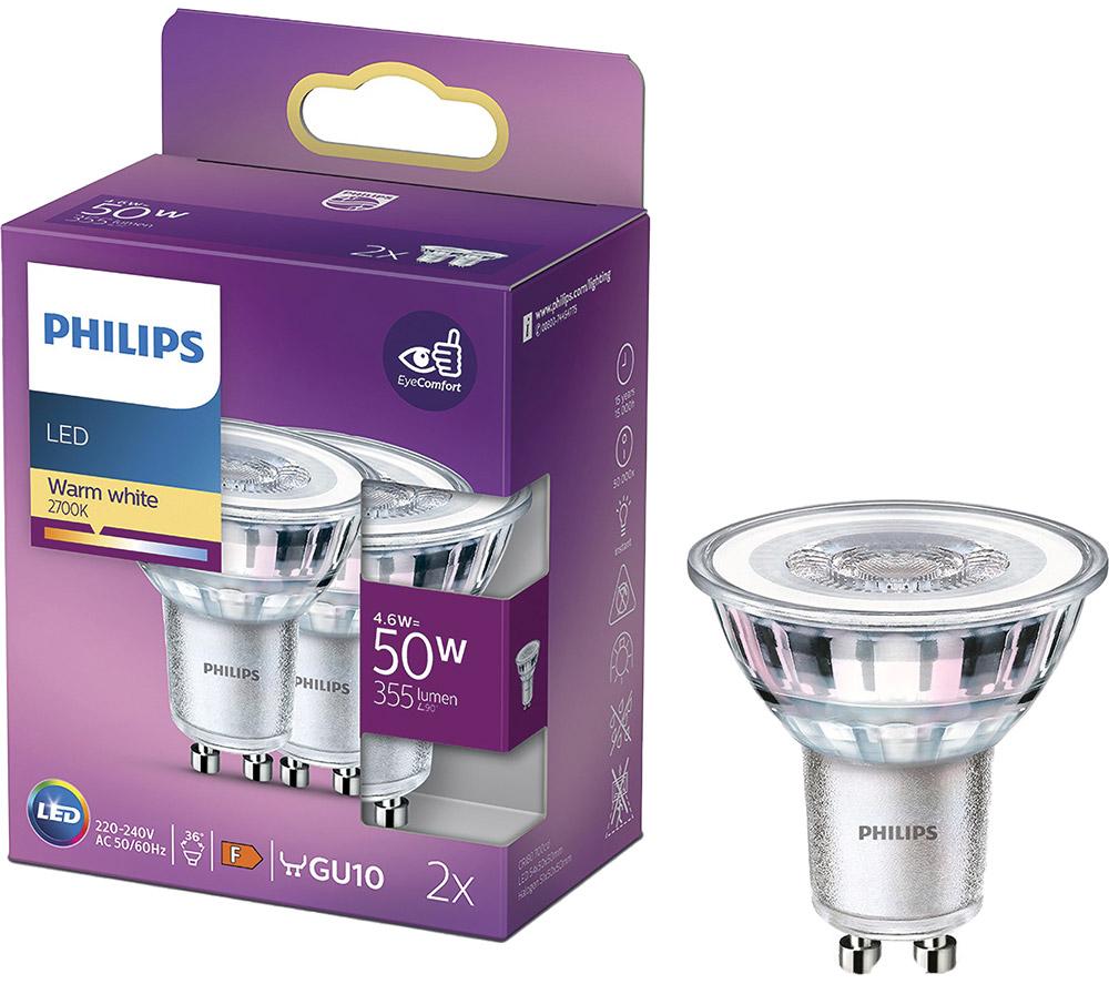 PHILIPS Spot LED Light Bulb - GU10, Warm White, Twin Pack