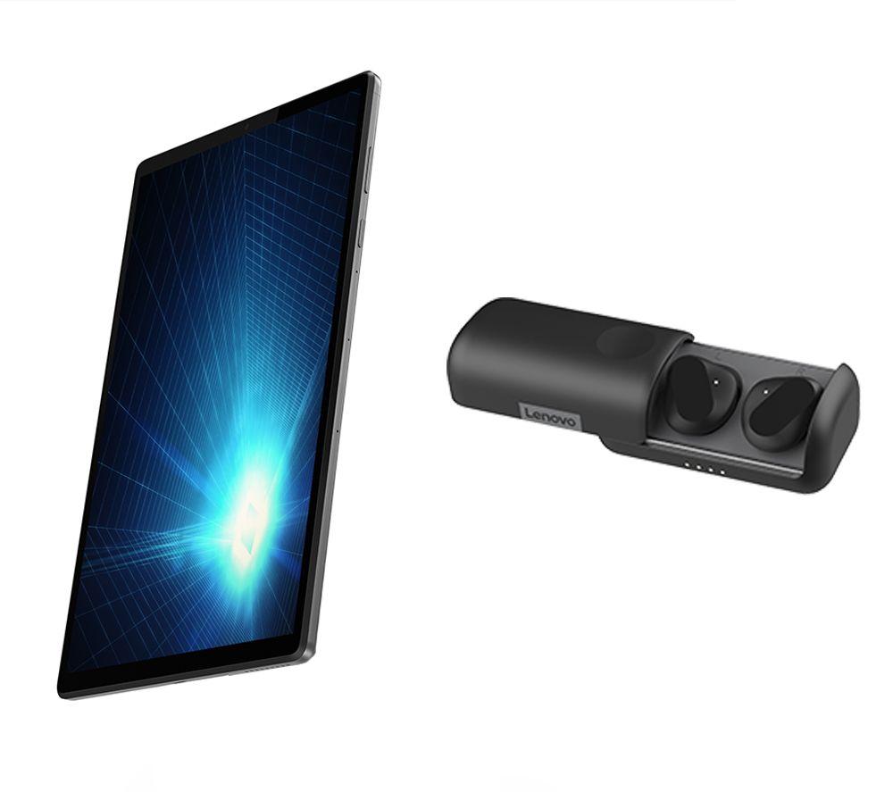£179, LENOVO Tab M10 10.3inch Tablet & True Wireless Earbuds Bundle - 32 GB, Grey, Android 9.0 (Pie), Full HD screen, 32 GB storage: Perfect for apps / photos / videos, Add more storage with a microSD card, Battery life: Up to 9 hours, Dolby Atmos, 