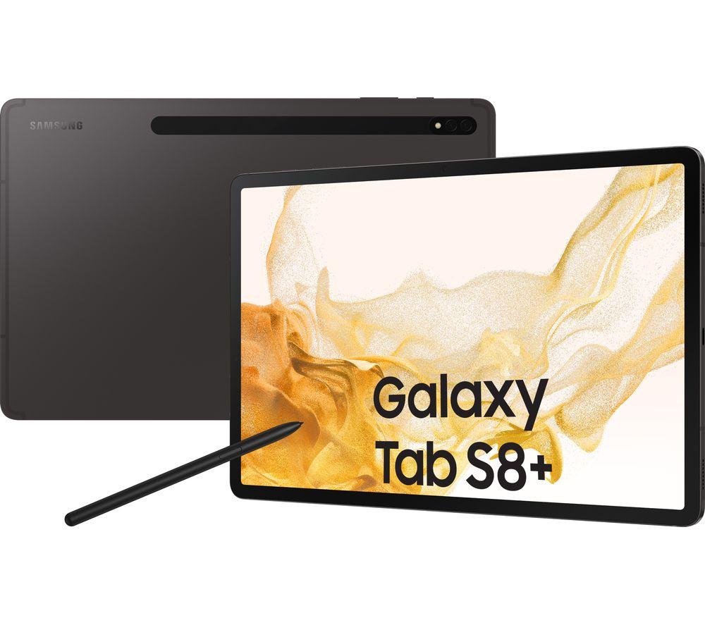 £849, SAMSUNG Galaxy Tab S8 Plus 12.4inch Tablet - 128 GB, Graphite, Android 12, Super AMOLED display, 128 GB storage: Perfect for saving pretty much everything, Add more storage with a microSD card, Dolby Atmos, 