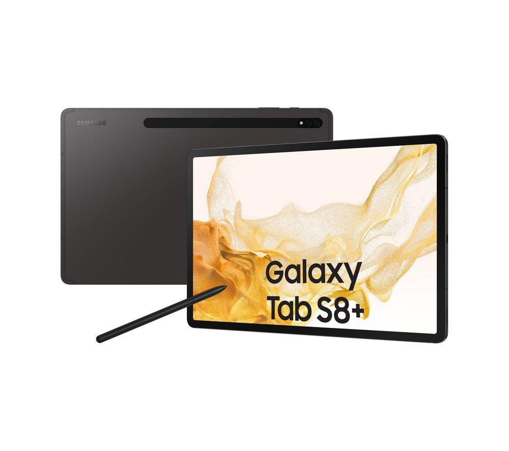 £899, SAMSUNG Galaxy Tab S8 Plus 12.4inch Tablet - 256 GB, Graphite, Android 12, Super AMOLED display, 256 GB storage: Perfect for saving pretty much everything, Add more storage with a microSD card, Dolby Atmos, 