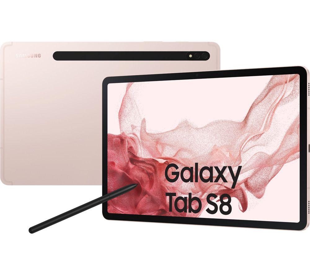 £699, SAMSUNG Galaxy Tab S8 11inch Tablet - 256 GB, Pink Gold, Android 12, Quad HD screen, 256 GB storage: Perfect for saving pretty much everything, Add more storage with a microSD card, Dolby Atmos, 2 year guarantee, 