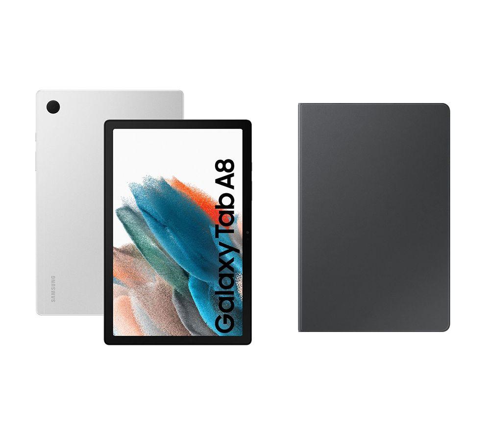 £258, SAMSUNG Galaxy Tab A8 10.5inch Tablet (32 GB, Silver) & Book Cover (Dark Grey) Bundle, Android 11, Full HD screen, 32 GB storage: Perfect for apps / photos / videos, Add more storage with a microSD card, Dolby Atmos, 