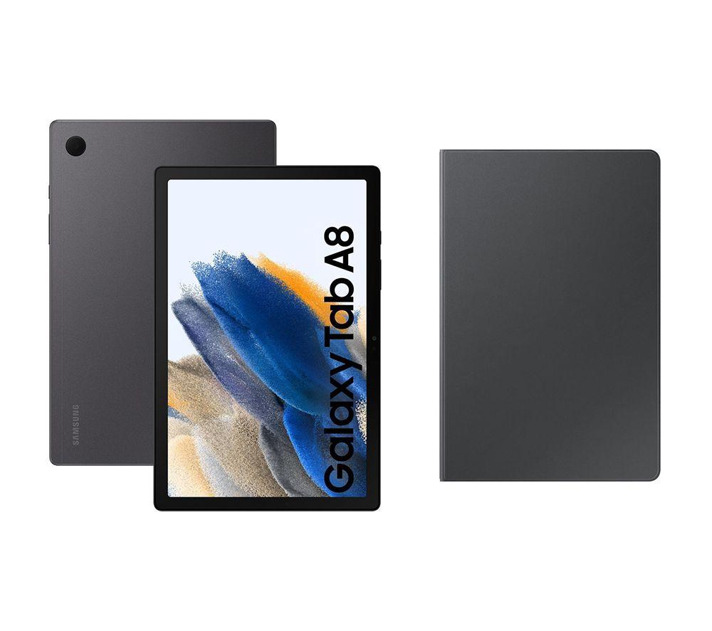 £328, SAMSUNG Samsung Galaxy Tab A8 10.5inch 4G Tablet (64 GB, Graphite) & Book Cover (Dark Grey) Bundle, Android 11, Full HD screen, 64 GB storage: Perfect for apps / photos / videos / games, Add more storage with a microSD card, Dolby Atmos, 