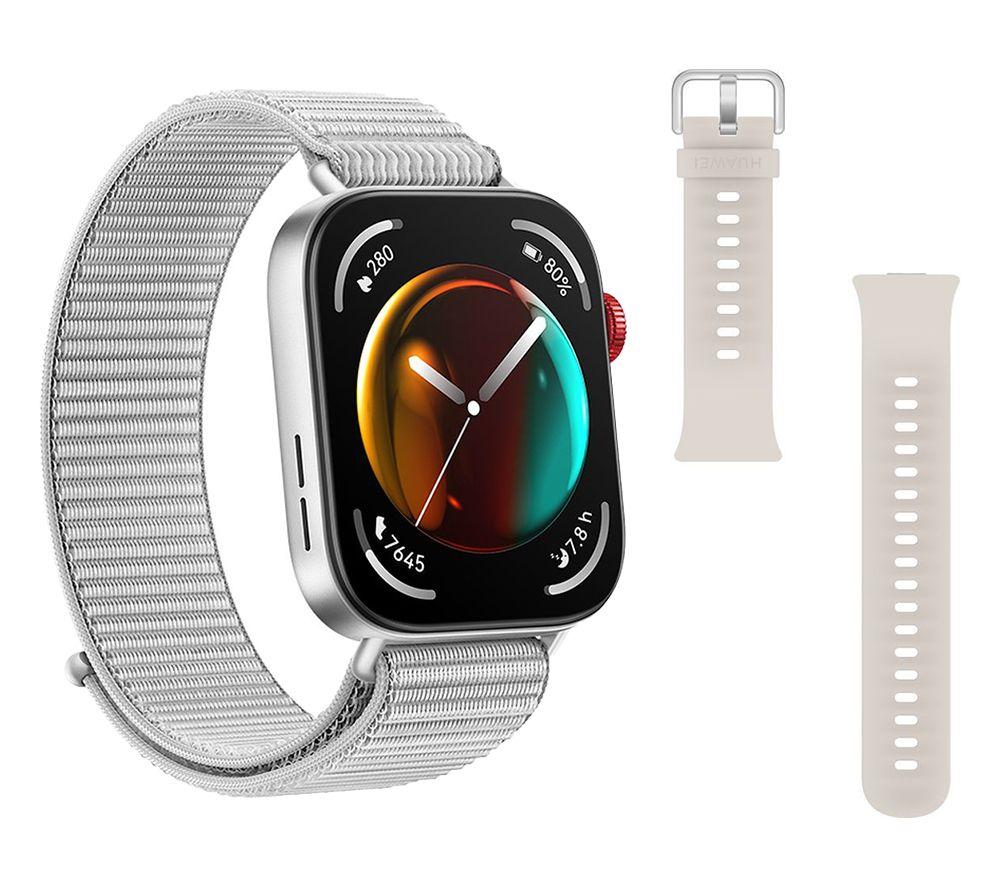 Huawei Watch Fit 3 (Grey, Nylon Strap) & Solo-Strap FIT 3 Watch Band (Moon White) Bundle, Silver/Gre