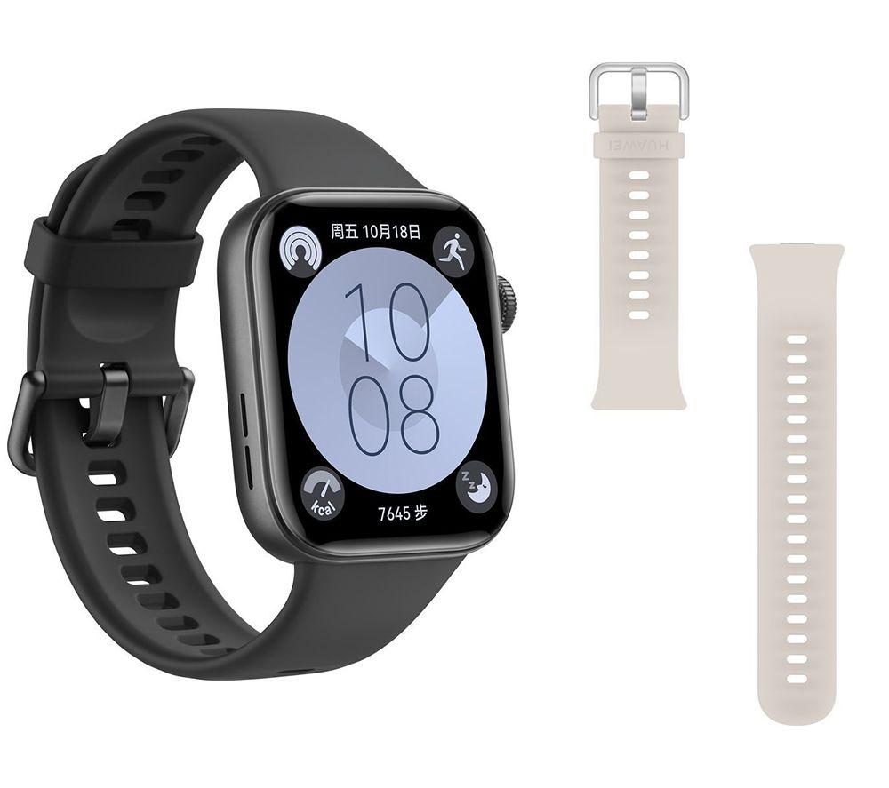 Huawei Watch Fit 3 (Black, Fluoroelastomer Strap) & Solo-Strap FIT 3 Watch Band (Moon White) Bundle,
