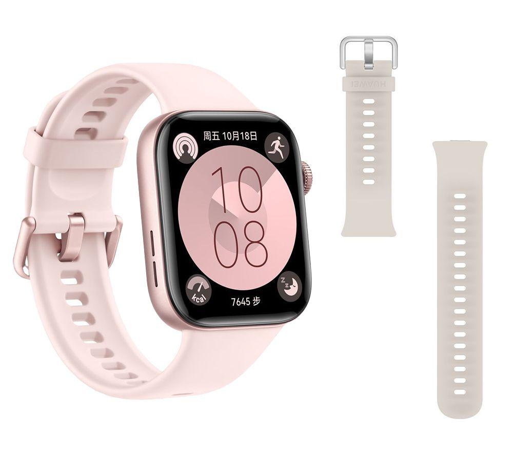 Huawei Watch Fit 3 (Pink, Fluoroelastomer Strap) & Solo-Strap FIT 3 Watch Band (Moon White) Bundle, 