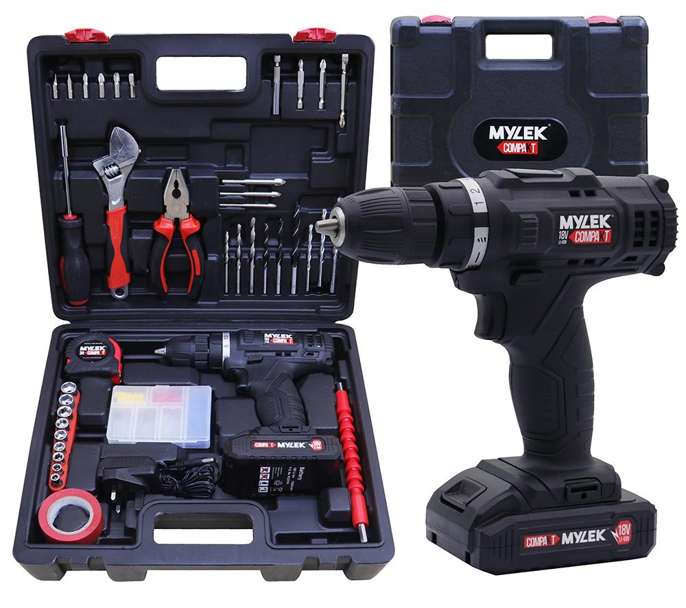 MYLEK 18 V Cordless Drill & Accessory Set with Storage Case - Black