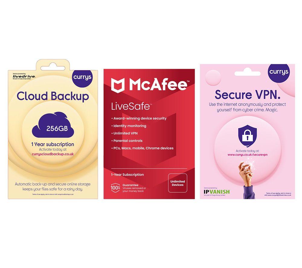 CURRYS Cloud Backup (4 TB, 1 year), Secure VPN (1 year subscription, Download) & LiveSafe (1 year for unlimited devices) Bundle