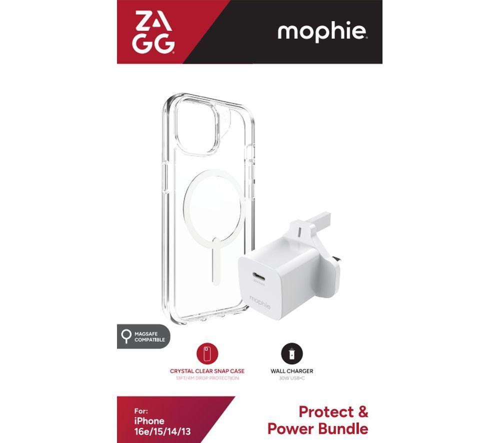 ZAGG Crystal Palace Snap iPhone 16e/15/14/13 Clear Case & Mophie 30 W USB Type-C Wall Charger Bundle