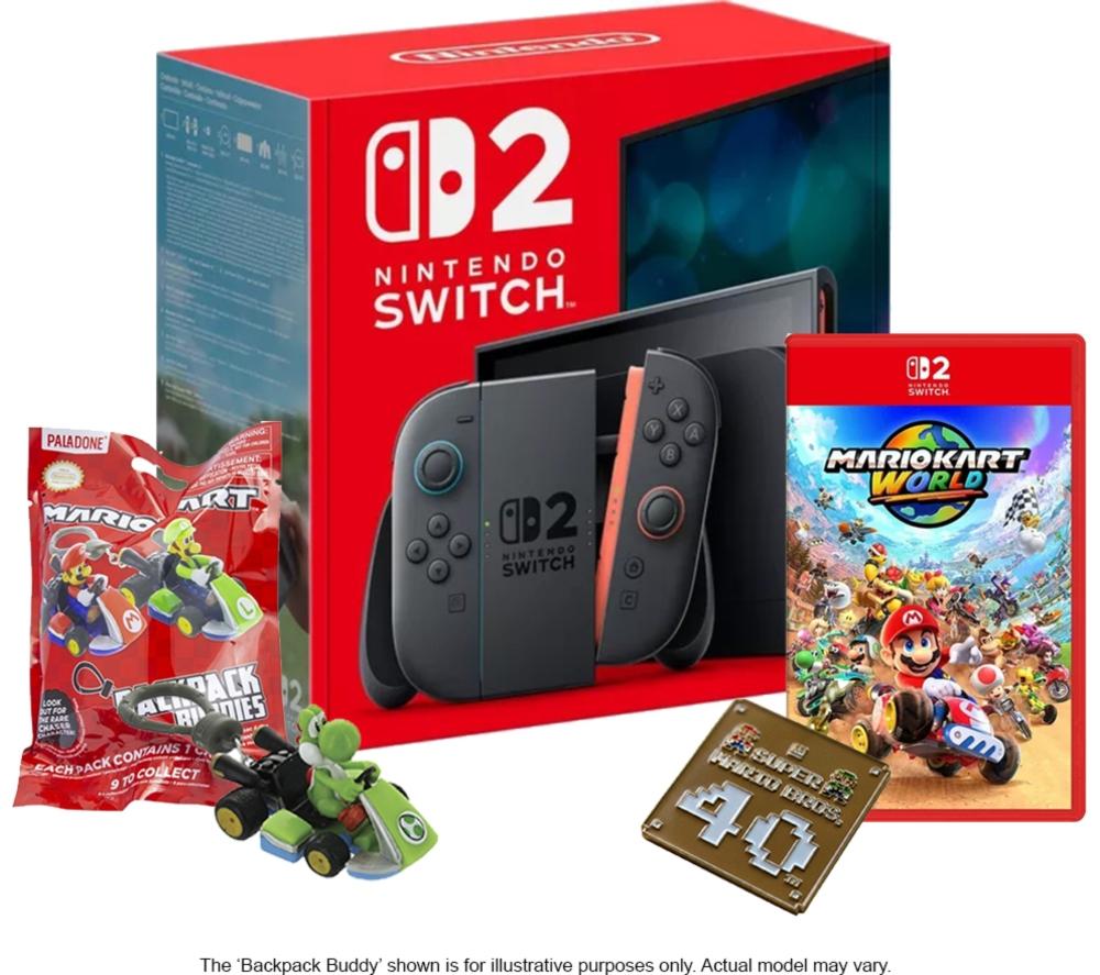 NINTENDO Switch 2, Super Mario Keychain, Backpack Buddies & Mario Kart World Bundle