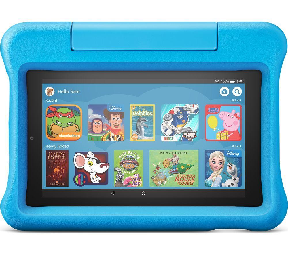 £99.9, AMAZON Fire 7inch Kids Tablet (2019) - 16 GB, Blue, Fire OS 5, 16 GB storage: Perfect for apps & photos, Add more storage with a microSD card, Battery life: Up to 7 hours, Dolby Atmos, 