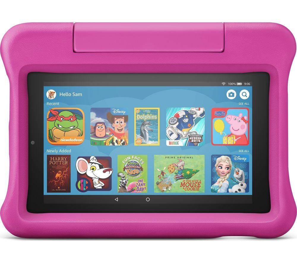 £99.9, AMAZON Fire 7 Kids 7inch Tablet (2019) - 16 GB, Pink, Fire OS 5, Standard resolution screen, 16 GB storage: Perfect for apps & photos, Add more storage with a microSD card, Battery life: Up to 7 hours, 