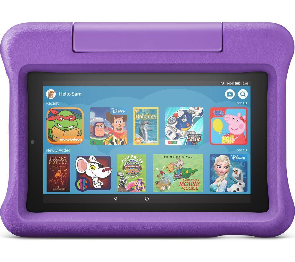 £99.9, AMAZON Fire 7 Kids 7inch Tablet (2019) - 16 GB, Purple, Fire OS 5, Standard resolution screen, 16 GB storage: Perfect for apps & photos, Add more storage with a microSD card, Battery life: Up to 7 hours, 