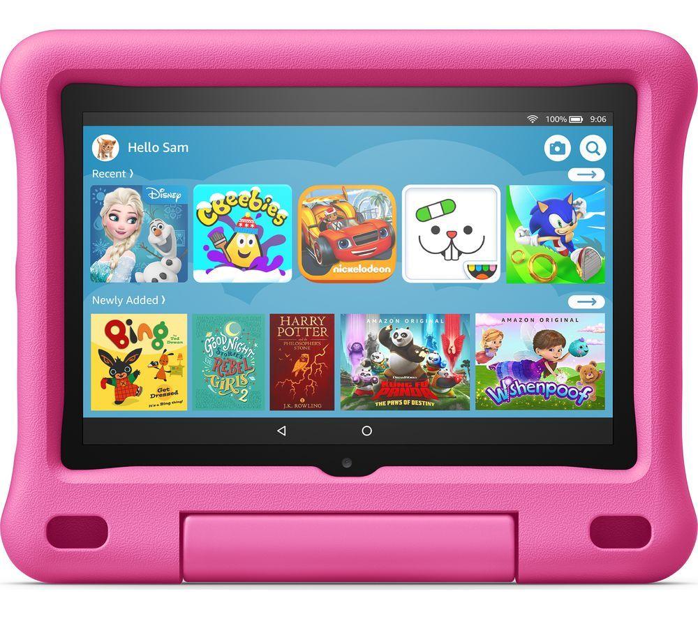 £139, AMAZON Fire HD 8inch Kids Tablet (2020) - 32 GB, Pink, Fire OS 7, HD Ready screen, 32 GB storage: Perfect for apps / photos / videos, Add more storage with a microSD card, Battery life: Up to 12 hours, 