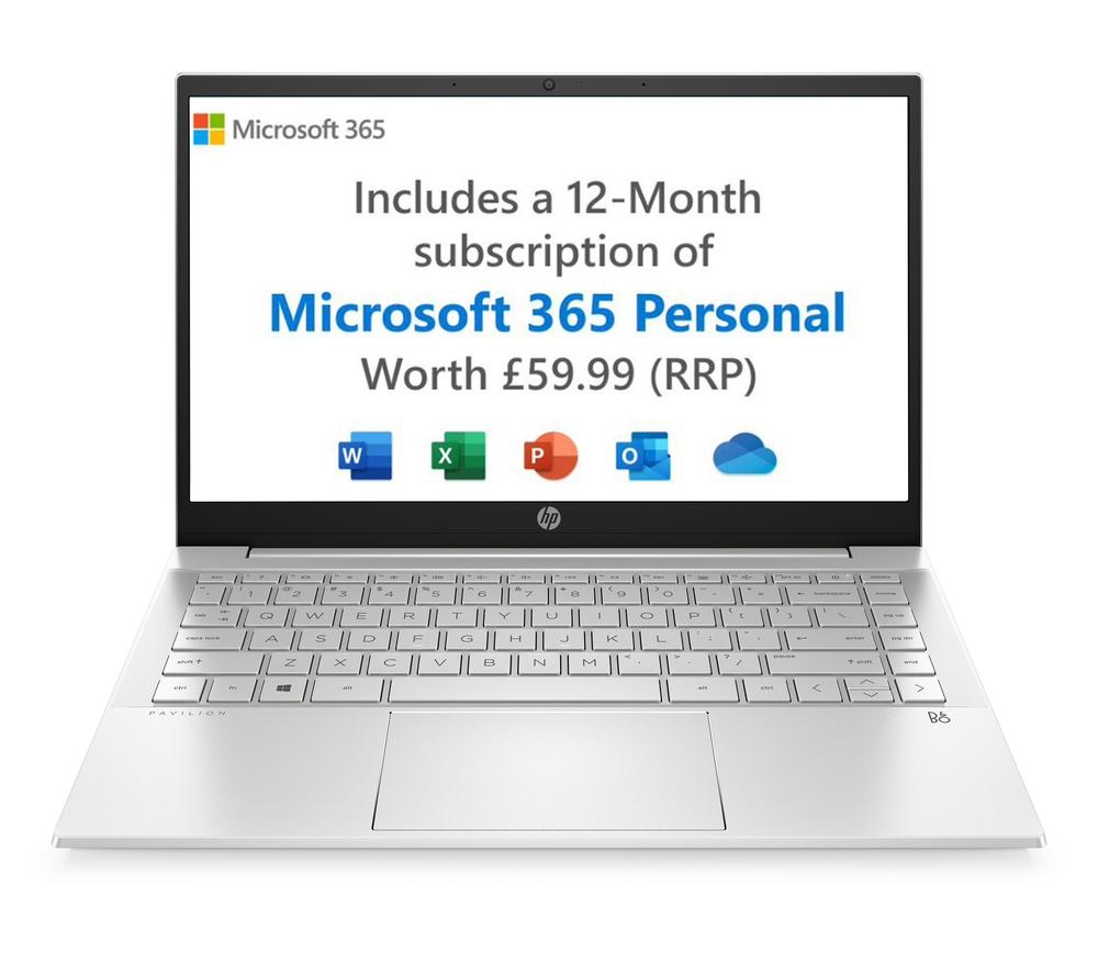 £369, HP Pavilion 14-dv0603na 14inch Laptop - Intel® Pentium® Gold, 128 GB SSD, Silver, Windows 11, Intel® Pentium® Gold 7505 Processor, RAM: 4 GB / Storage: 128 GB SSD, Full HD touchscreen, Battery life: Up to 9 hours, 1 year subscription to Microsoft 365, 