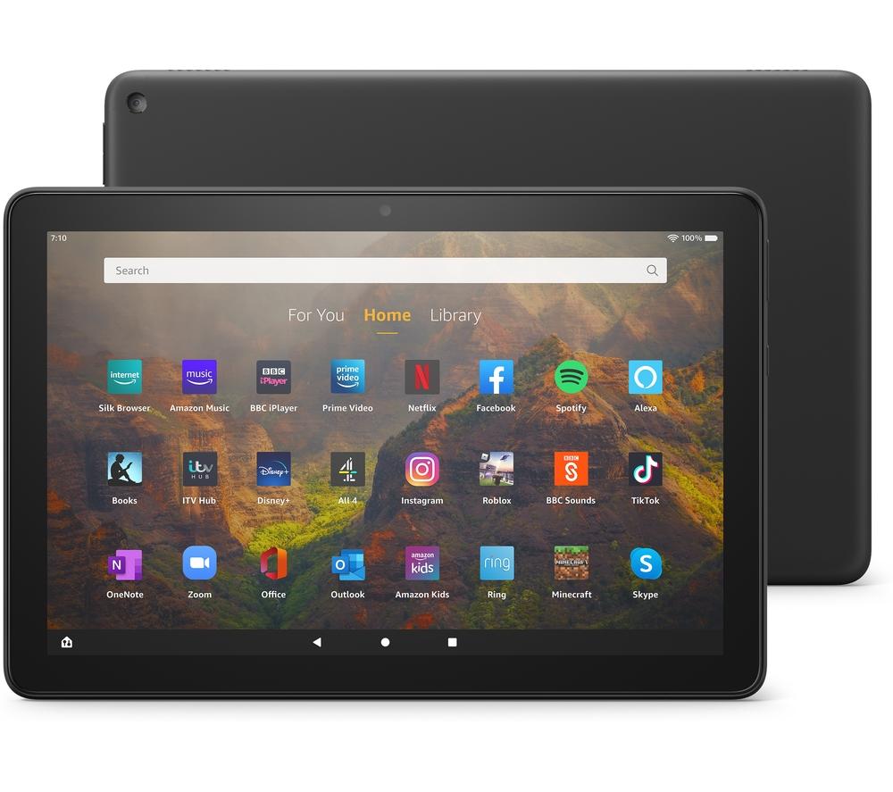 £149, AMAZON Fire HD 10 10.1inch Tablet (2021) - 32 GB, Black, Fire OS 7, Full HD screen, 32 GB storage: Perfect for apps / photos / videos, Add more storage with a microSD card, Battery life: Up to 12 hours, Dolby Atmos, 