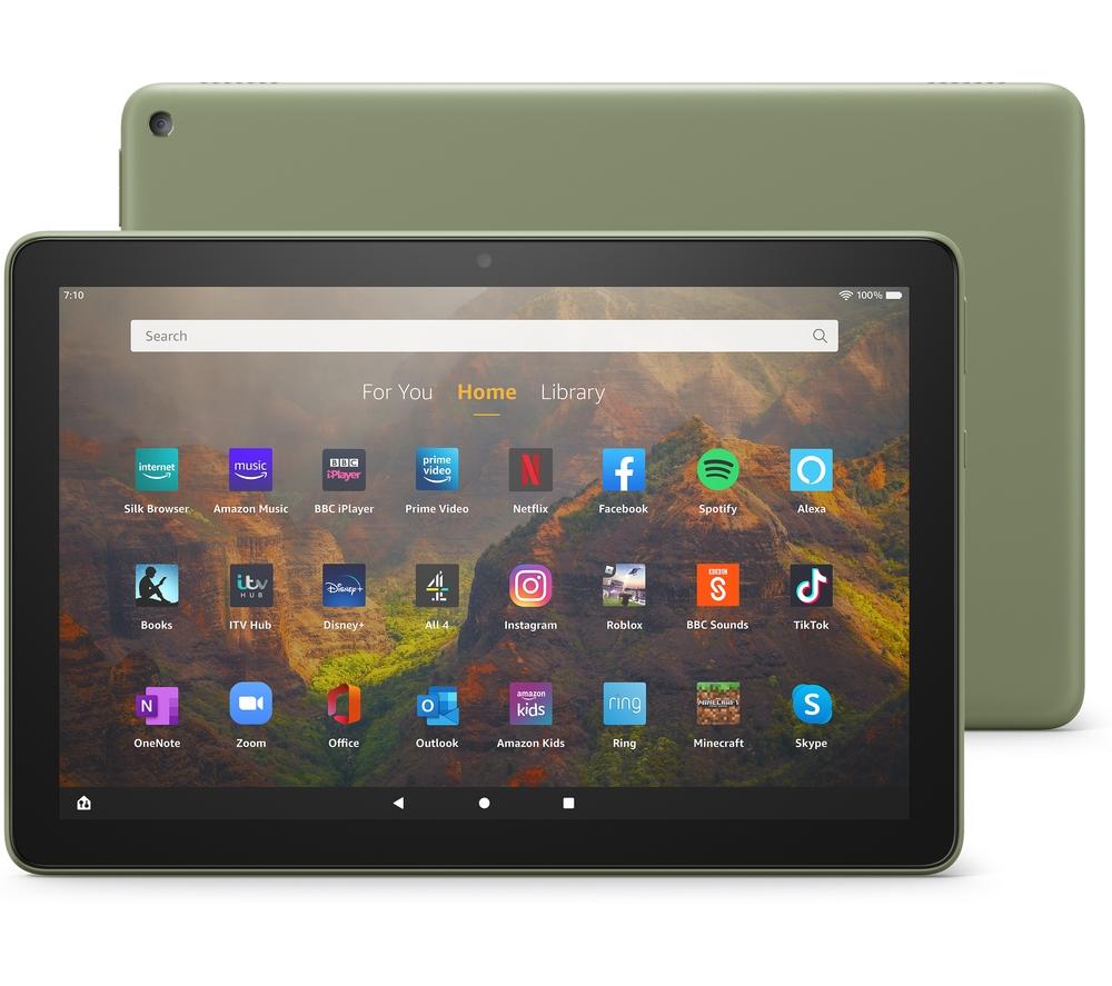 £149, AMAZON Fire HD 10 10.1inch Tablet (2021) - 32 GB, Olive, Fire OS 7, Full HD screen, 32 GB storage: Perfect for apps / photos / videos, Add more storage with a microSD card, Battery life: Up to 12 hours, Dolby Atmos, 