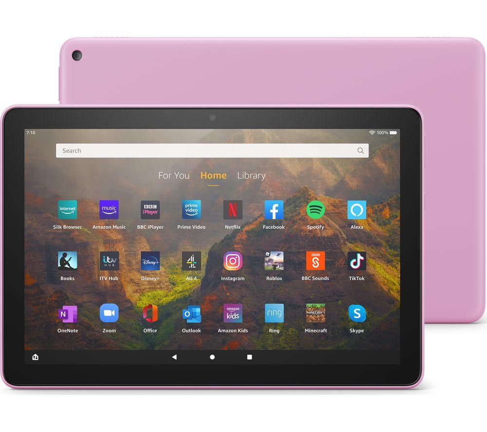 £149, AMAZON Fire HD 10 10.1inch Tablet (2021) - 32 GB, Lavender, Fire OS 7, Full HD screen, 32 GB storage: Perfect for apps / photos / videos, Add more storage with a microSD card, Battery life: Up to 12 hours, Dolby Atmos, 
