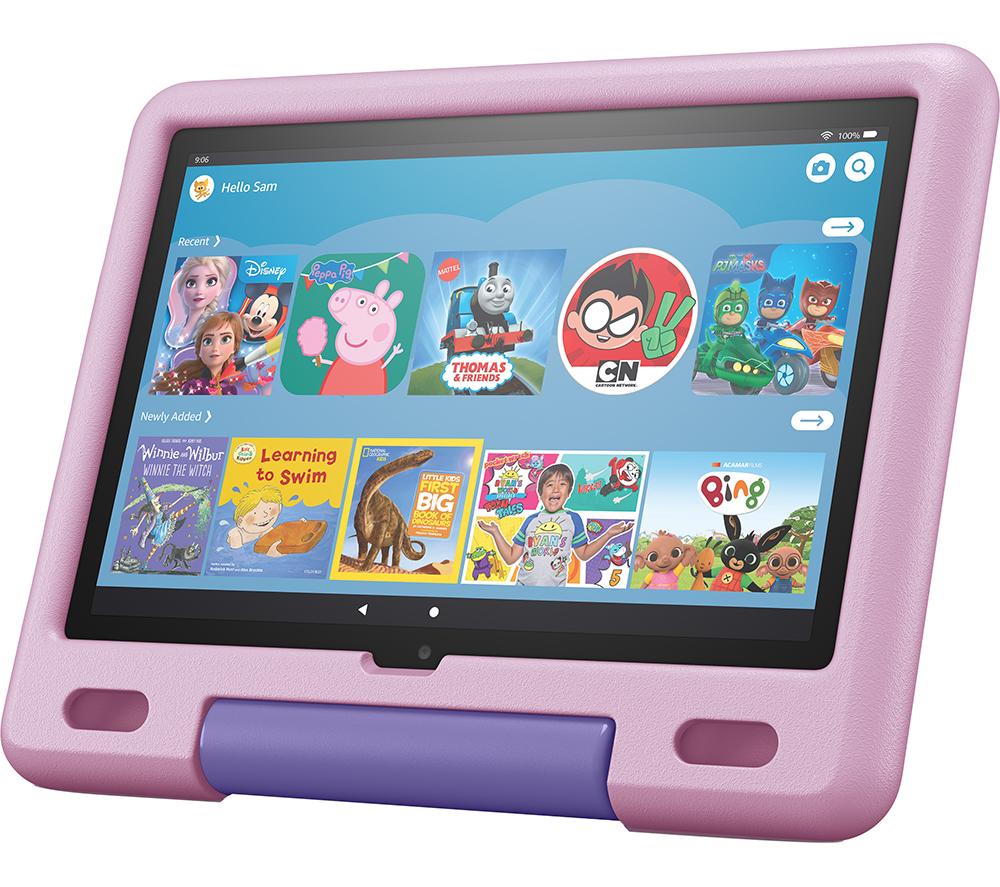 £199, AMAZON Fire HD 10 10.1inch Kids Tablet (2021) - 32 GB, Lavender, Fire OS 7, Full HD screen, 32 GB storage: Perfect for apps / photos / videos, Add more storage with a microSD card, Battery life: Up to 12 hours, 