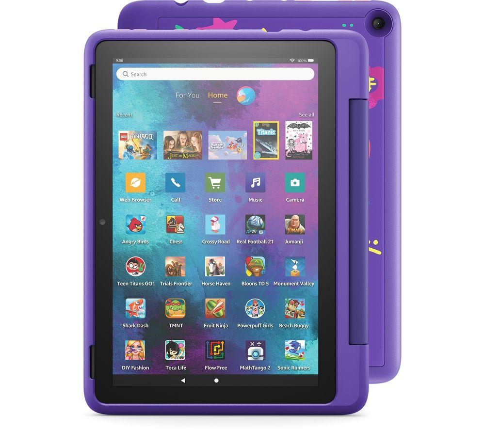 £199, AMAZON Fire HD 10inch Kids Pro Tablet (2021) - 32 GB, Doodle, Fire OS 7, Full HD screen, 32 GB storage: Perfect for apps / photos / videos, Add more storage with a microSD card, Battery life: Up to 12 hours, 