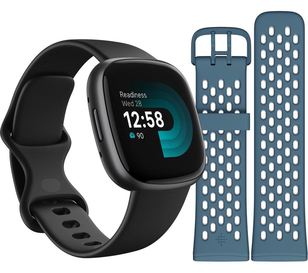 FITBIT Versa 4 Smart Watch Sports Pack with Additional Blue Sports Band - Black & Graphite
