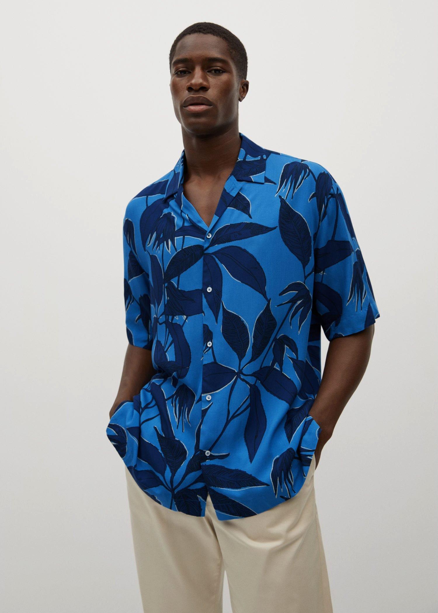 Shop Mango medium blue Printed flowy shirt, Men | Azadea UAE